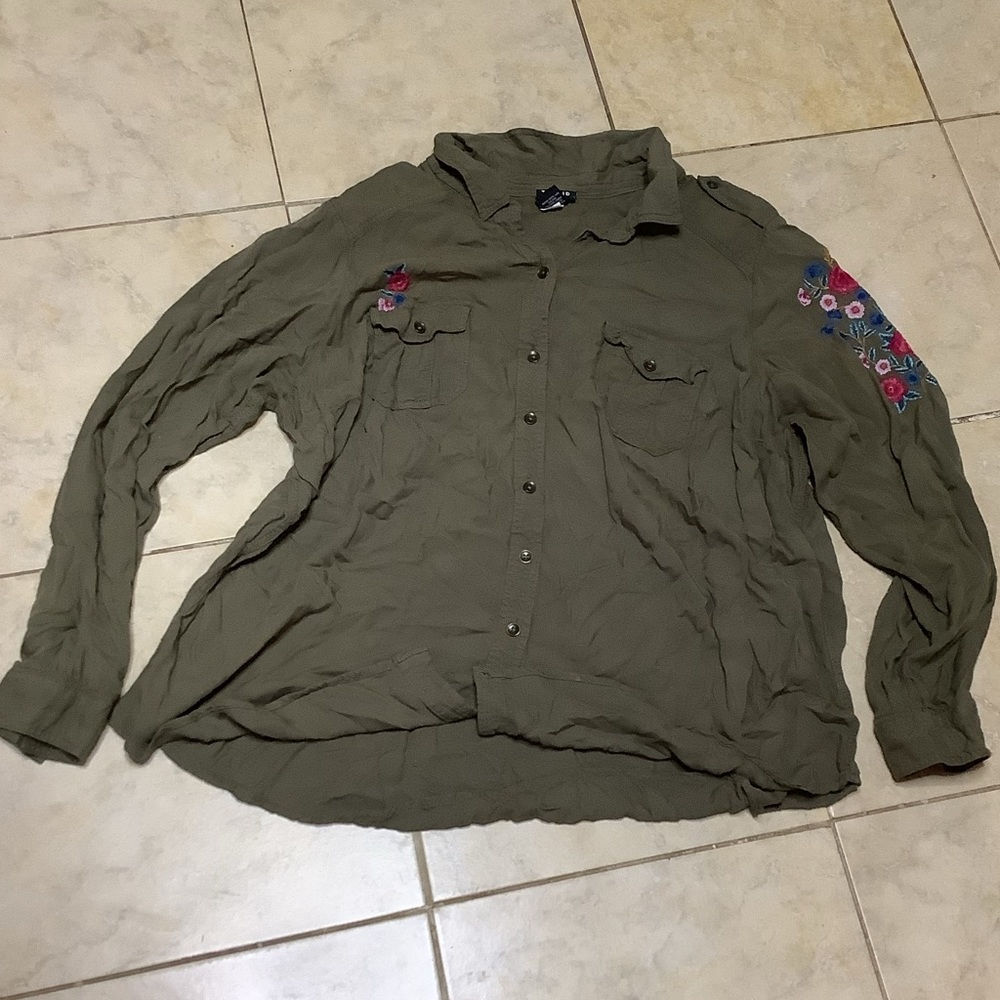 Torrid Embroidered Twill Olive Green Button Down Shirt - Picture 2 of 3